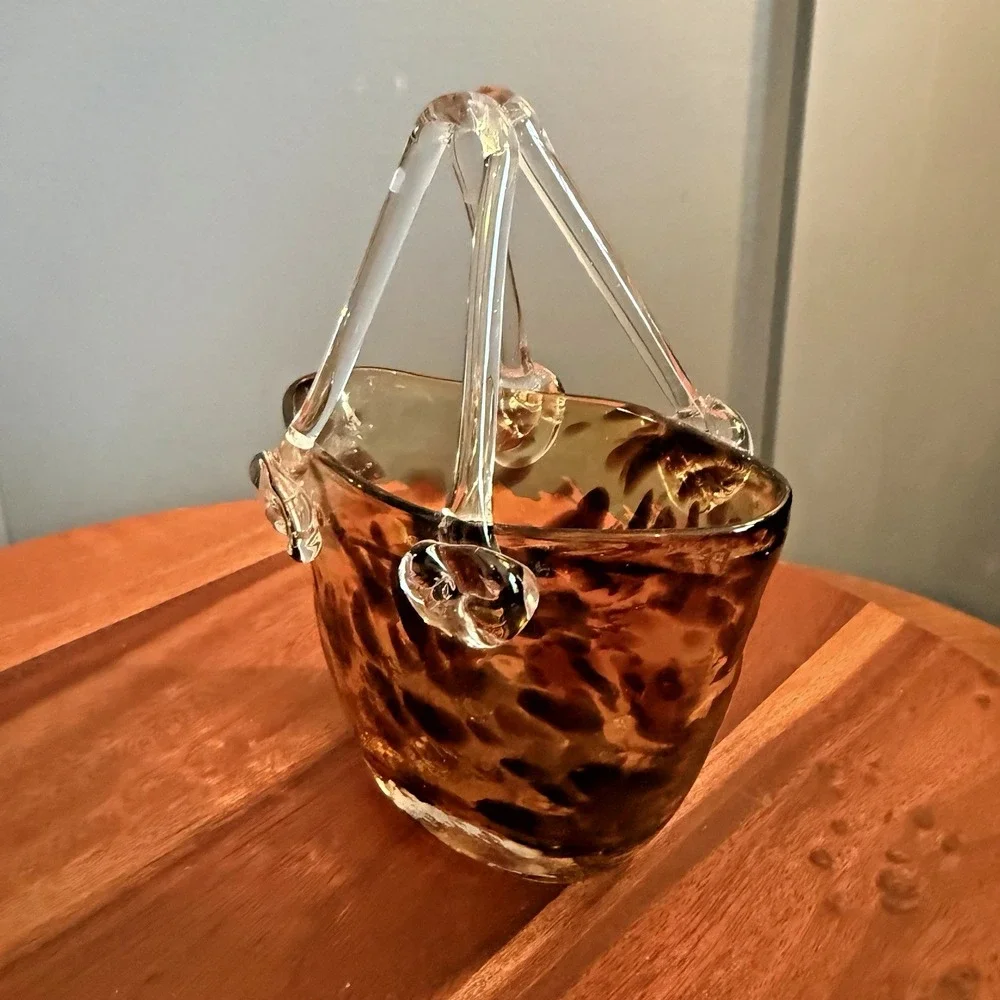 Murano Style Art Glass Purse Vase Amber Tortoiseshell Handbag Vase Decor
